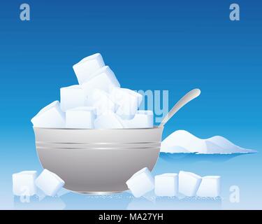 an illustration of sugar cubes in a metallic silver bowl with spoon with loose cubes and granules in the foreground and lots of space for text Stock Vector
