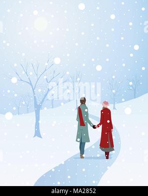 a vector illustration in eps 10 format of a winter scene with a warmly dressed couple walking through a snowy park holding hands Stock Vector