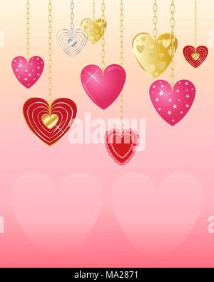 an illustration of decorative valentine hearts on gold and silver chains with candy pink background and space for text Stock Vector