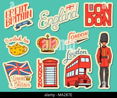 British vintage stickers, Crown and Queen, teapot with tea, bus and royal guard, London. Badges, stamps, emblems. United Kingdom. Country England label. 80s-90s Comic Style. Engraved hand drawn sketch Stock Vector