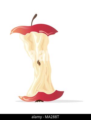 an illustration of an eaten apple with stalk pips and core left over isolated on a white background with space for text Stock Vector