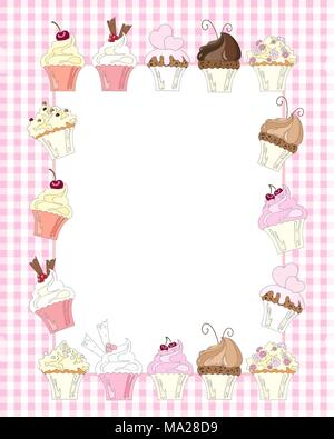 an illustration of a variety of decorated cupcakes surrounding a white card for text on a light pink gingham background Stock Vector