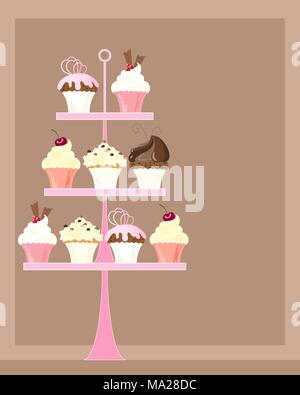 an illustration of a pink cake stand with a selection of delicious decorated cupcakes on a chocolate background with space for text Stock Vector