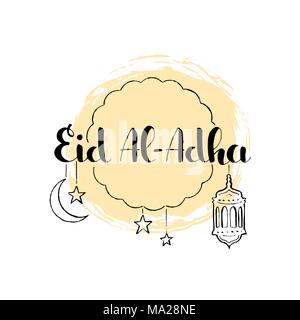 Eid Al-Adha handwritten lettering. Feast of the Sacrifice. Modern vector hand drawn calligraphy with hanging crescent moon, stars and lantern Stock Vector