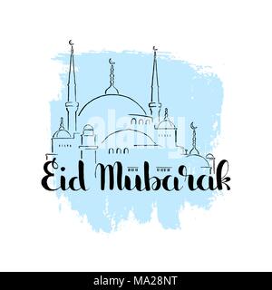 Eid Mubarak handwritten lettering. Traditional Muslim greeting that means - Have a Blessed Holiday. Modern vector hand drawn calligraphy with mosque Stock Vector