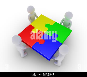 Four 3d people are holding connected puzzle pieces Stock Photo