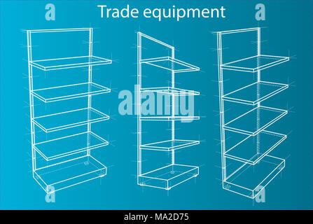Wireframe Retail Shelves. Front View. For Your Design. Product Packing. 3D Rendering Stock Photo