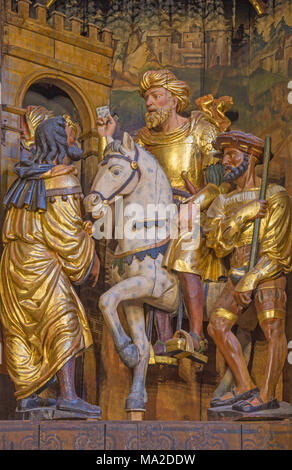 ZARAGOZA, SPAIN - MARCH 3, 2018: The St. Paul (Saul) as persecutor of first christians -  carved main altar in the church Iglesia de San Pablo Stock Photo