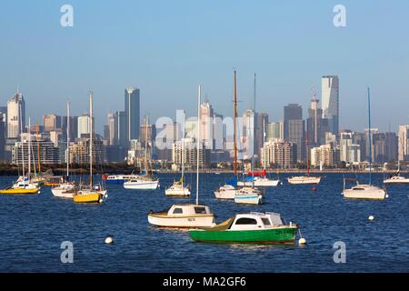 The view from Williamstown of the Melbourne skyline and boats, Melbourne, Australia Stock Photo