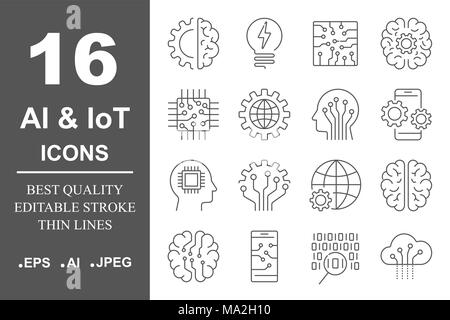 Simple set of artificial intelligence related line icons contains such icons as droid, eye, chip, brain. Editable Stroke. EPS 10 Stock Vector