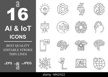 AI icon set. Data science technology, machine learning process. Data insight, transformation, scalable, modeling API. Editable Stroke Stock Vector