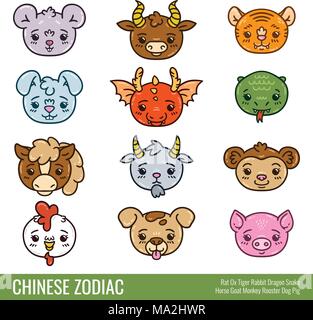 Cute chinese zodiac. Cute animals. Horoscope. Isolated objects on white background. Vector illustration. Stock Vector