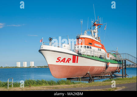 Lifeboat SAR Arwed Emminghaus in the Museum of sea rescue service at the Burger inland lake,  Burgstaaken, Fehmarn, Baltic Sea, Schleswig-Holstein, Ge Stock Photo