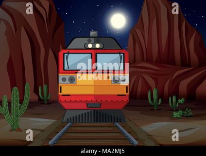Train on the railroad at night time illustration Stock Vector