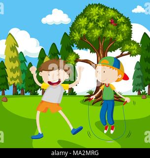 Two boys playing jumprope in park illustration Stock Vector