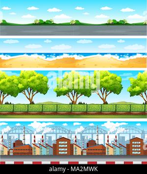Four scenes with nature and buildings illustration Stock Vector