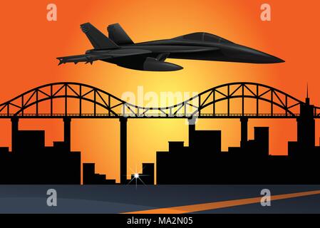 Jet plane flying over the city at sunset illustration Stock Vector