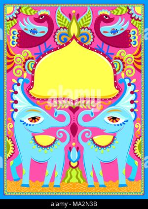 indian frame with birds, elephants and flowers in truck art kits Stock Vector