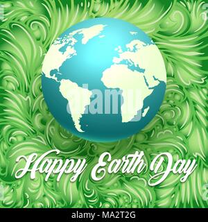 Happy Earth Day Illustration. Globe with the words Happy Earth Day on green leaves background. Vector illustration. Stock Vector