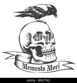 Hand drawn Crow sitting on human skull  and  ribbon with Latin wording Memento Mori what means remember what you have to die isolated on white. Vector Stock Vector