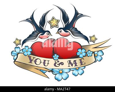 Retro tattoo style swallows and Two hearts. Hearts with flower and ribbon with wording You and Me. Vector illustration. Stock Vector