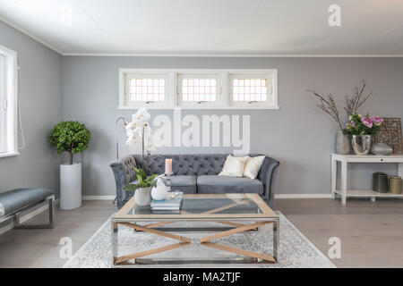 Scandinavian Interior sitting room with grey walls and couch Stock Photo
