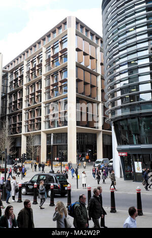 Bloomberg headquarters RIBA award winner building vertical view from Cannon Street Station in the City of London Square Mile ENGLAND UK  KATHY DEWITT Stock Photo