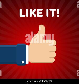 Finger up vector illustration with "Like it" text on red radial gradient background. Thumb up image. Stock Vector