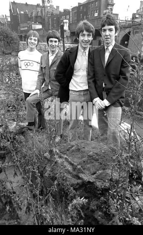 SMALL FACES English pop group on a bomb site on Ludgate Hill, London, in September 1965. From left: Steve Marriott, Ian McLagan, Kenney Jones, Ronnie Wood. Photo: Tony Gale Stock Photo
