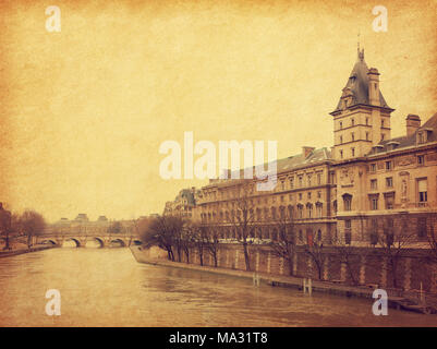 The Seine near the Pont Neuf, Paris, France. Photo in retro style. Added paper texture. Toned image Stock Photo