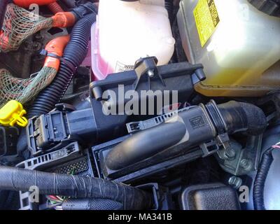 May 20, 2016 Turin, Piedmont, Italy. Transformation to LPG gas of a toyota Prius hybrid electric petrol, gas plant of the Piedmontese BRC gas equipmen Stock Photo