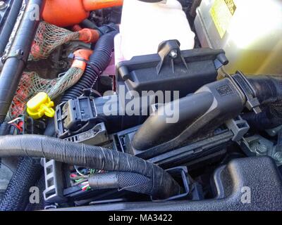 May 20, 2016 Turin, Piedmont, Italy. Transformation to LPG gas of a toyota Prius hybrid electric petrol, gas plant of the Piedmontese BRC gas equipmen Stock Photo