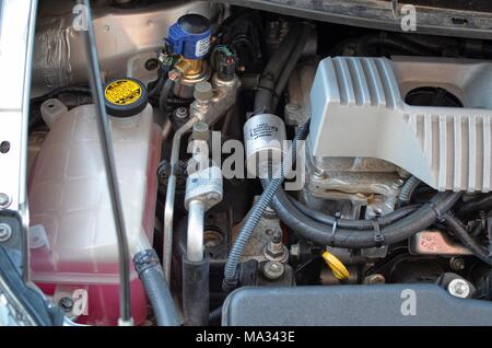 May 20, 2016 Turin, Piedmont, Italy. Transformation to LPG gas of a toyota Prius hybrid electric petrol, gas plant of the Piedmontese BRC gas equipmen Stock Photo