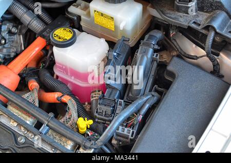 May 20, 2016 Turin, Piedmont, Italy. Transformation to LPG gas of a toyota Prius hybrid electric petrol, gas plant of the Piedmontese BRC gas equipmen Stock Photo