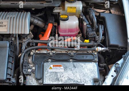 May 20, 2016 Turin, Piedmont, Italy. Transformation to LPG gas of a toyota Prius hybrid electric petrol, gas plant of the Piedmontese BRC gas equipmen Stock Photo