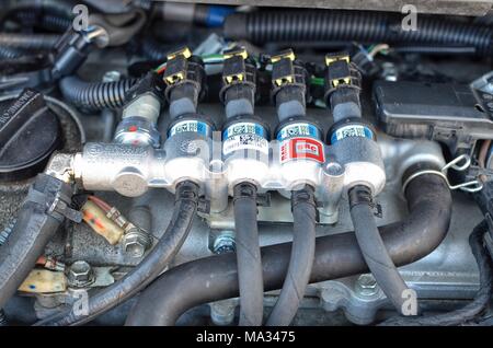 May 20, 2016 Turin, Piedmont, Italy. Transformation to LPG gas of a toyota Prius hybrid electric petrol, gas plant of the Piedmontese BRC gas equipmen Stock Photo