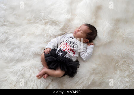 Portrait of a 12 day old newborn baby girl wearing frilly, black, tutu bloomers and a white onesie that say, 'Hello Gorgeous'. Shot in the studio on a Stock Photo