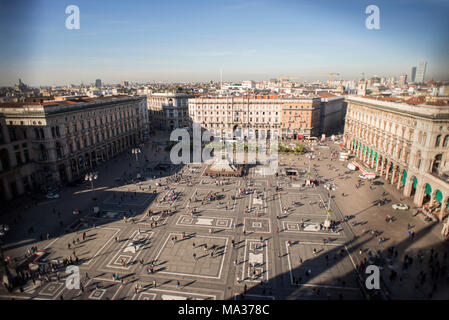 Aerial view of square from roof of famous Cathedral Duomo di Milano on piazza in Milan, Italy. Stock Photo