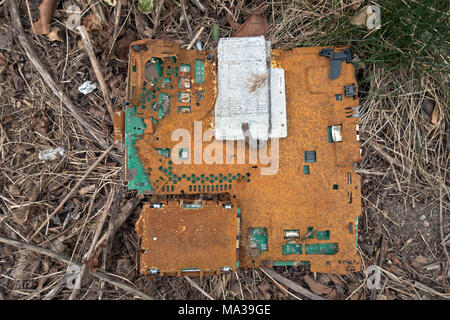 The rusty remnants of a computer motherboard found at a building site. Could be one of the future archaeological finds from our time, if it will last