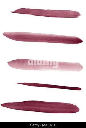 Watercolor. Red marsala abstract painted ink strokes set on watercolor paper. Isolated on white. Stock Photo