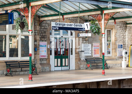 Grange-over-Sands railway station platform, Cumbria, England, UK Stock Photo