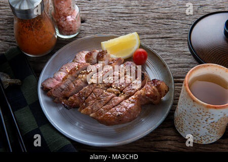 Pork grill or Buta Yaki in Japanese  Pork cooking style slice cut to serve. Stock Photo