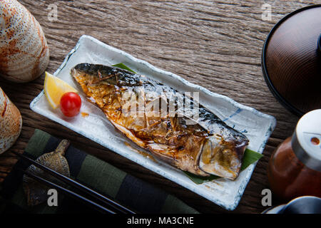 Saba yaki or mackerel fish grill with teriyaki sauce in Japanese style. Stock Photo