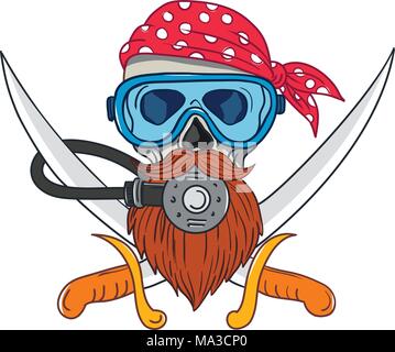 Drawing sketch style illustration of a pirate skull with hipster beard and wearing a diver or diving mask and regulator with crossed sword or cutlass 