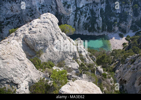 Bay Calanque En-Vau near Cassis, Provence, Massif of the Calanques, Provence-Alpes-Cote d'Azur, France, Stock Photo