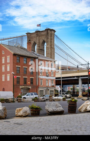 Brooklyn, USA - June 08, 2015: View of Brooklyn Bridge outside exterior outdoors in NYC New York City, Peck Slip, cars traffic. Stock Photo