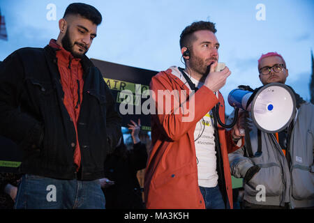 London, UK. 29th March, 2018. Kyle Taylor, Project Director of the Fair Vote Project addresses a rally in Parliament Square alongside Vote Leave whistleblower Shahmir Sanni and Cambridge Analytica whistleblower Christopher Wylie. Credit: Mark Kerrison/Alamy Live News