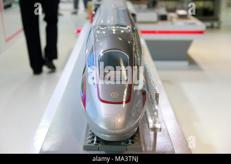 Bangkok, Thailand. 29th Mar, 2018. A model of China's Fuxing bullet train is seen during the Rail Asia Expo & RISE Symposium 2018 in Bangkok, Thailand, on March 29, 2018. Models of China's Fuxing bullet train and other trains were showcased in the Rail Asia Expo & RISE Symposium 2018 which was held from Wednesday to Thursday as Chinese companies were seeking opportunities in Thailand. Credit: Yang Zhou/Xinhua/Alamy Live News