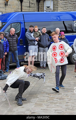 Mytholmroyd, Hebden Bridge, West Yorkshire, UK. 30th March, 2018. 30/3/18 Good Friday traditional Pace Egg play, Mytholmroyd, Hebden Bridge, West Yorkshire Credit: Paul Boyes/Alamy Live News Stock Photo