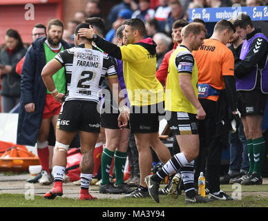 Hull, UK. 30th March 2018 , Kcom Craven Park, Hull, England; Betfred Super League rugby, Round 8 Hull KR v Hull FC; Hull FC's Bureta Faraimo is sent off Credit: News Images/Alamy Live News Stock Photo